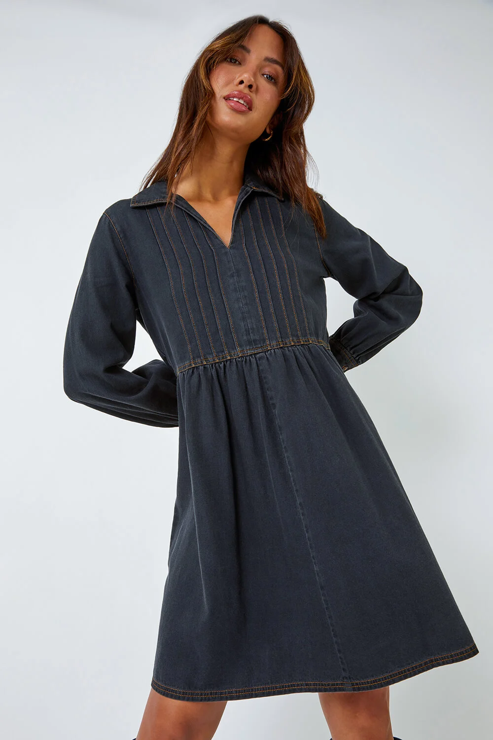 Black Cotton Blend Denim Shirt Dress