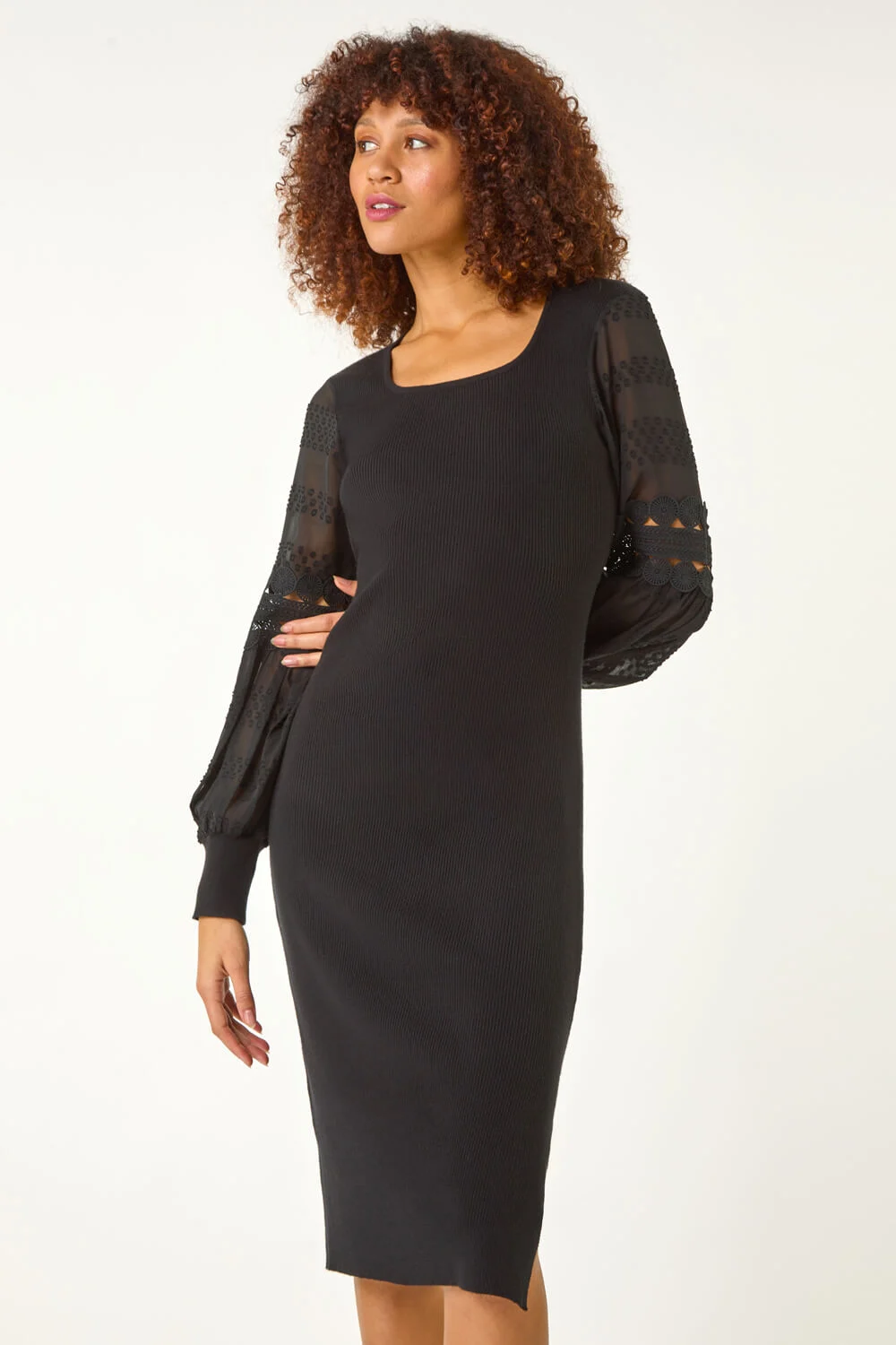 Black Lace Sleeve Knitted Dress