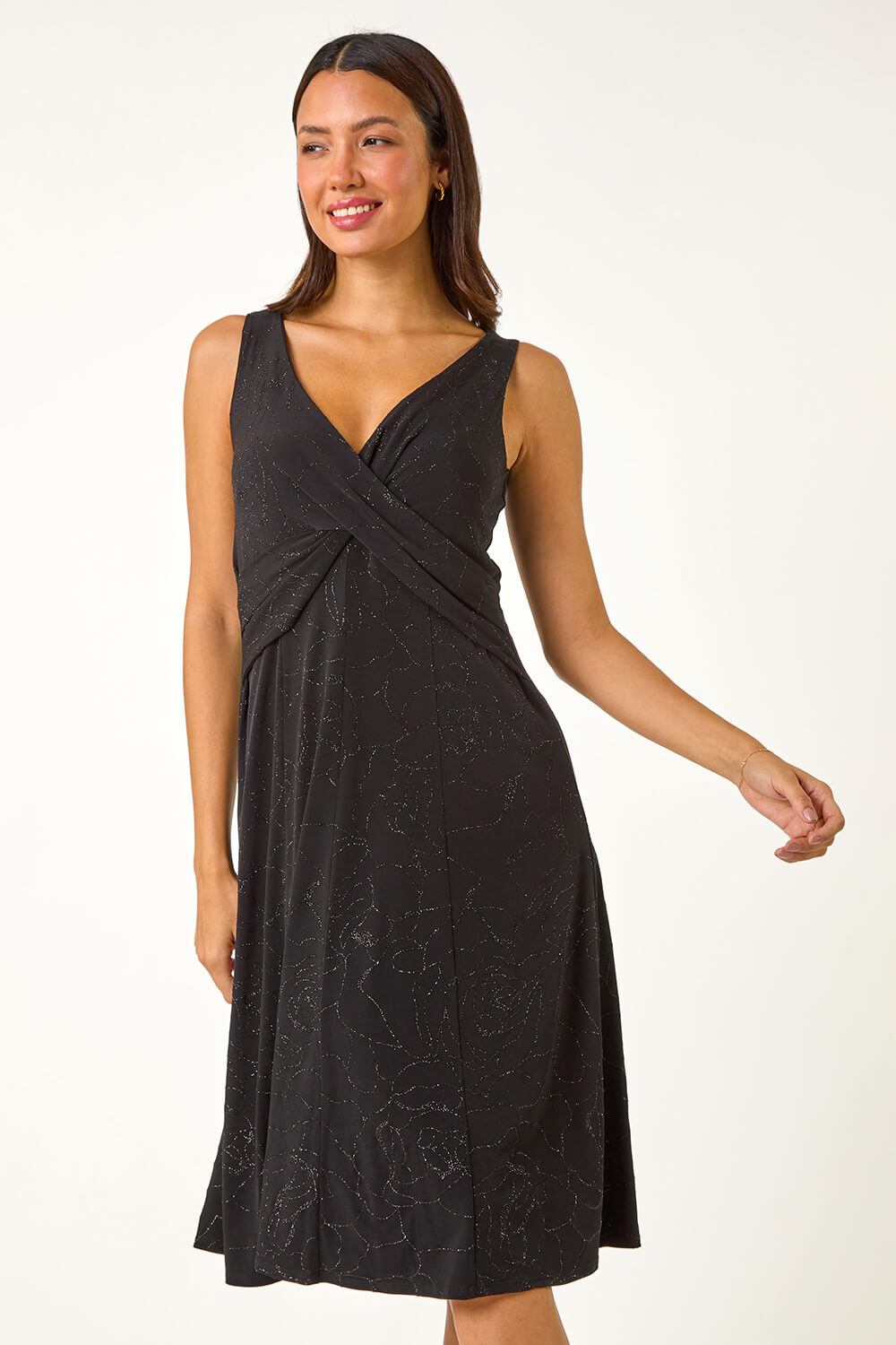 Black Floral Glitter Print Midi Stretch Dress