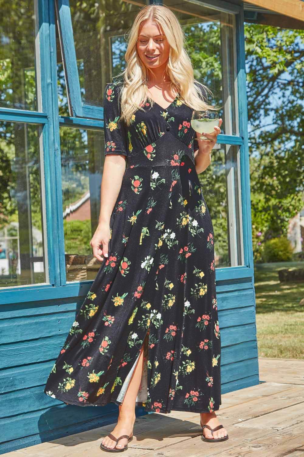 Black Midi Floral Tea Dress