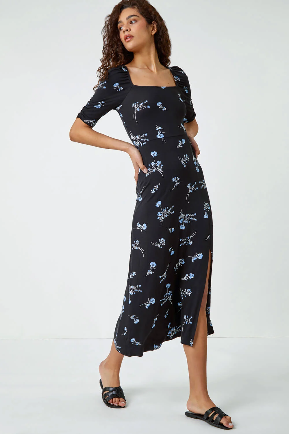 Black Floral Square Neck Maxi Dress