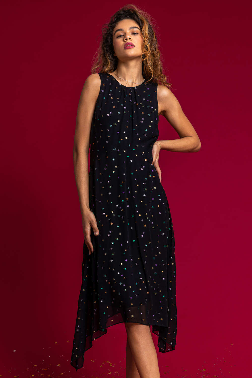 Black Foil Spot Hanky Hem Asymmetric Dress