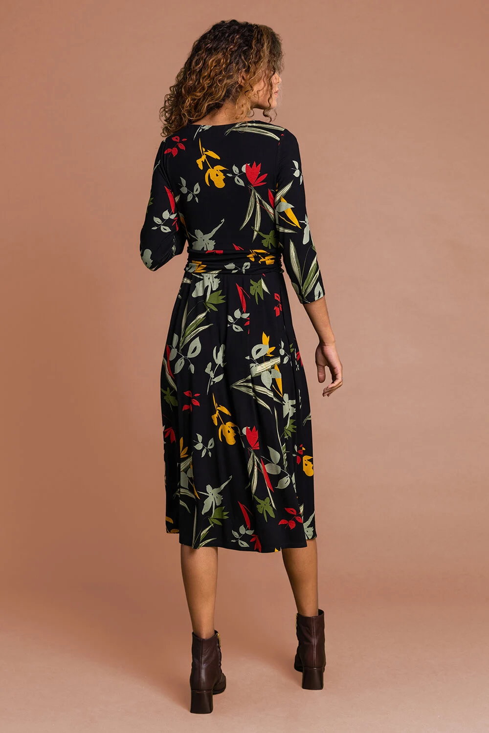 Black Floral Print Gathered Waist Dress