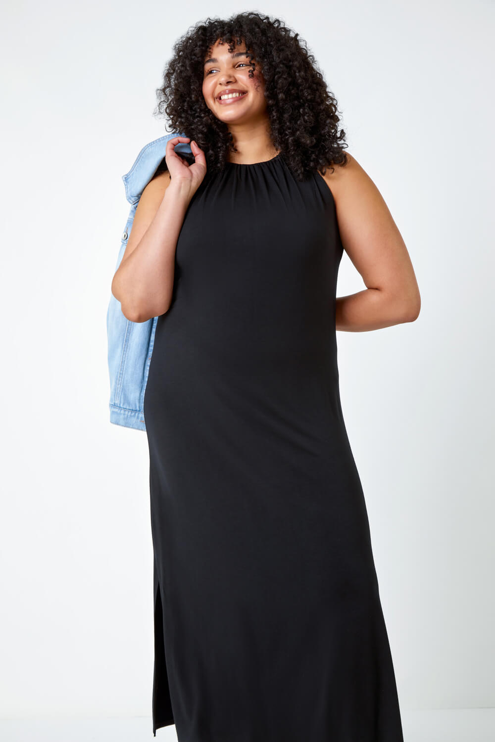 Black Curve Plain Stretch Jersey Maxi Dress