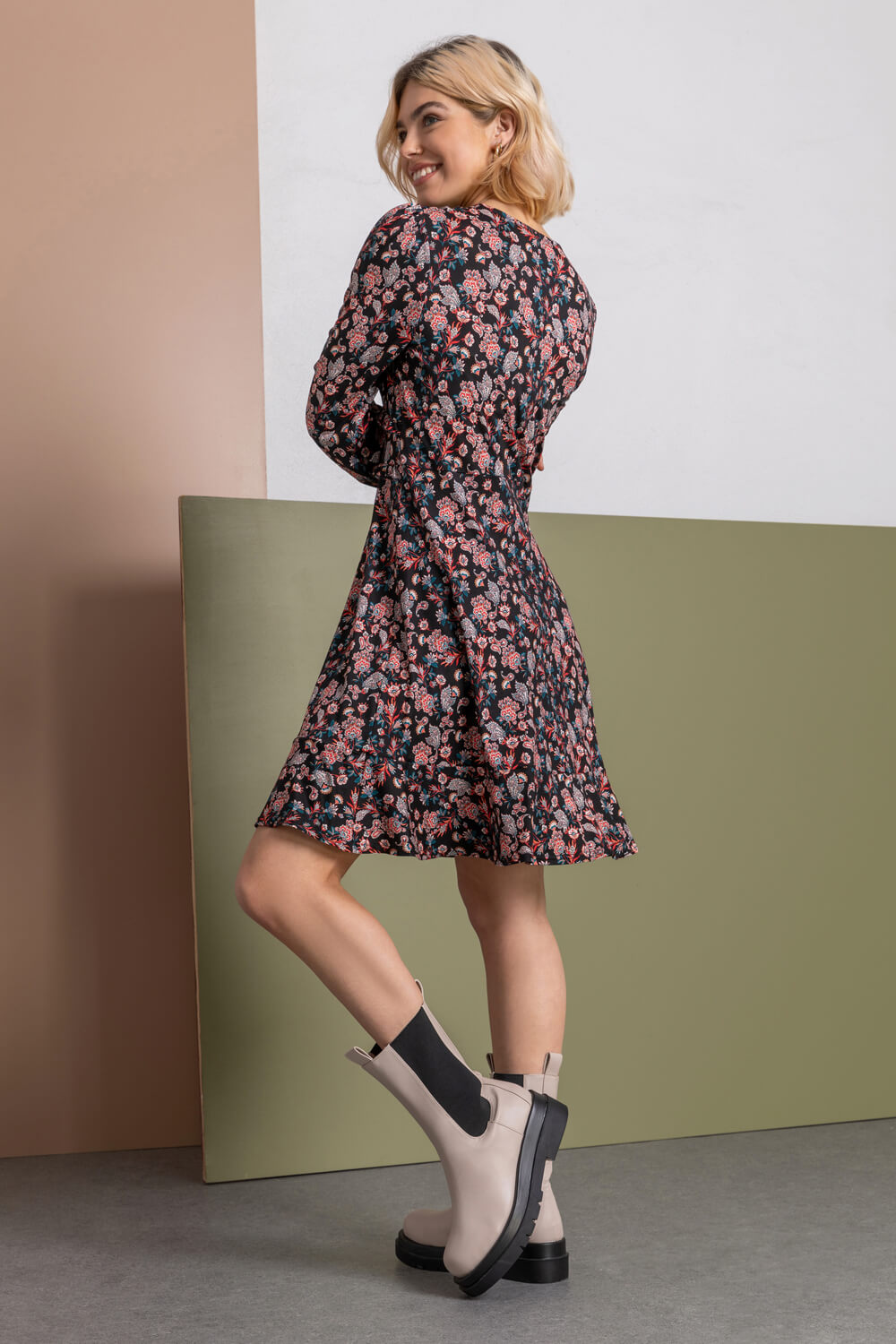 Black Paisley Print Frill Detail Dress