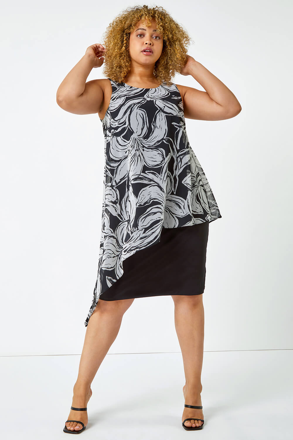 Black Curve Contrast Floral Chiffon Overlay Dress