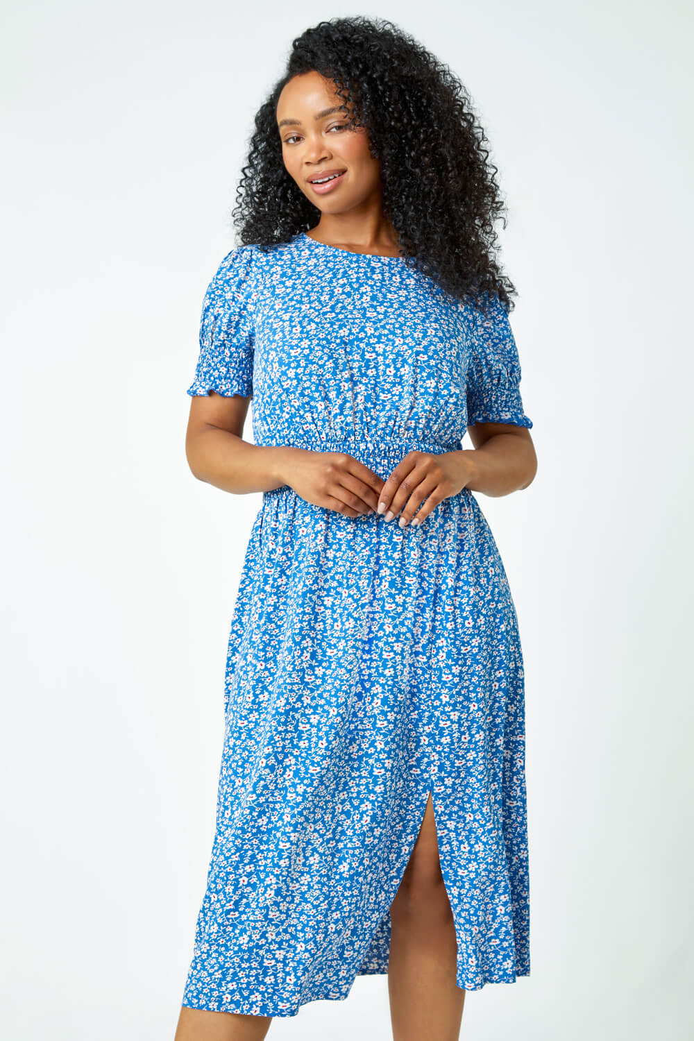 Blue Petite Ditsy Floral Stretch Dress