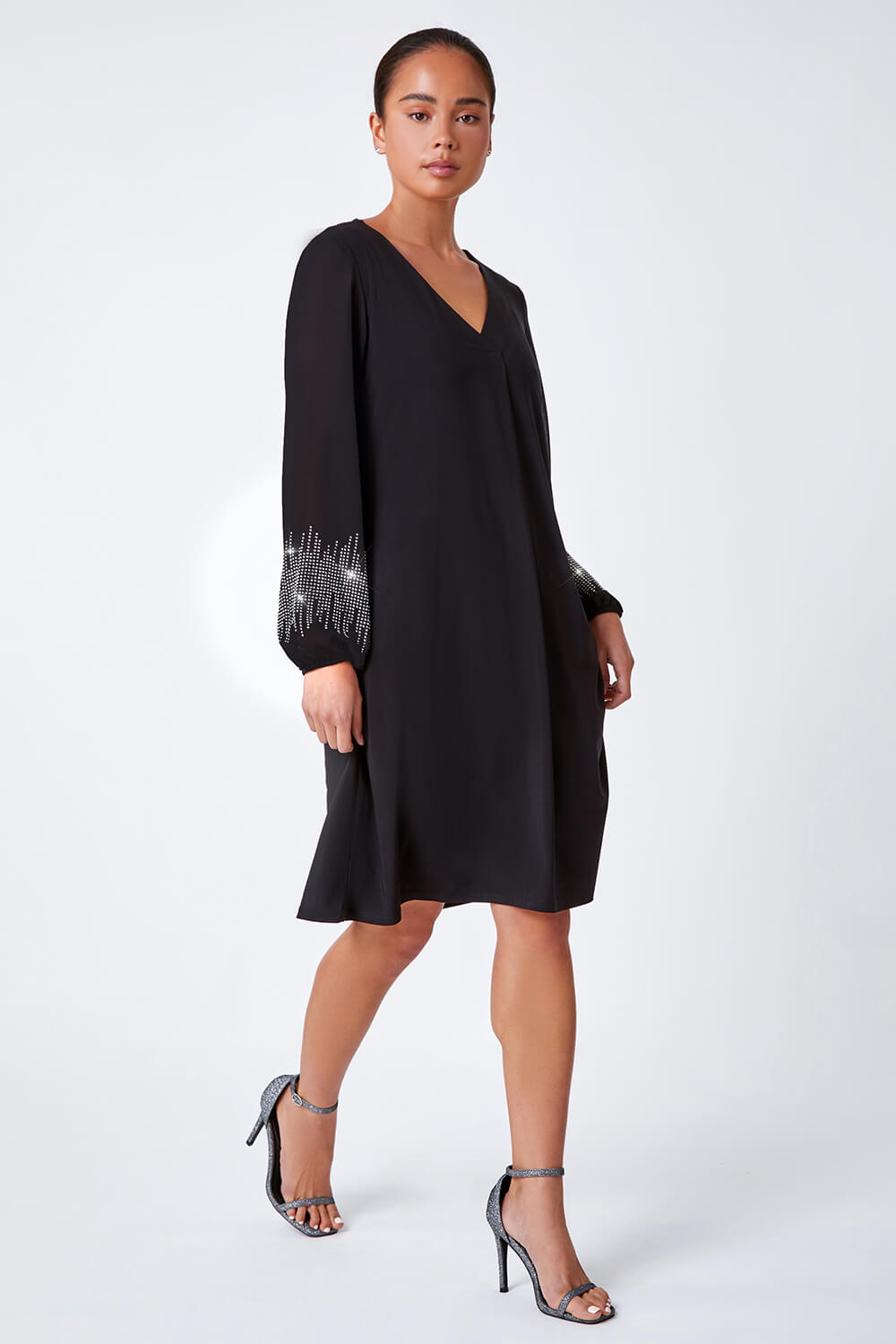 Black Petite Sparkle Sleeve Stretch Dress