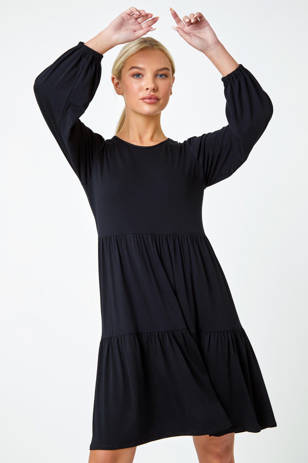 Black Petite Plain Tiered Stretch Dress