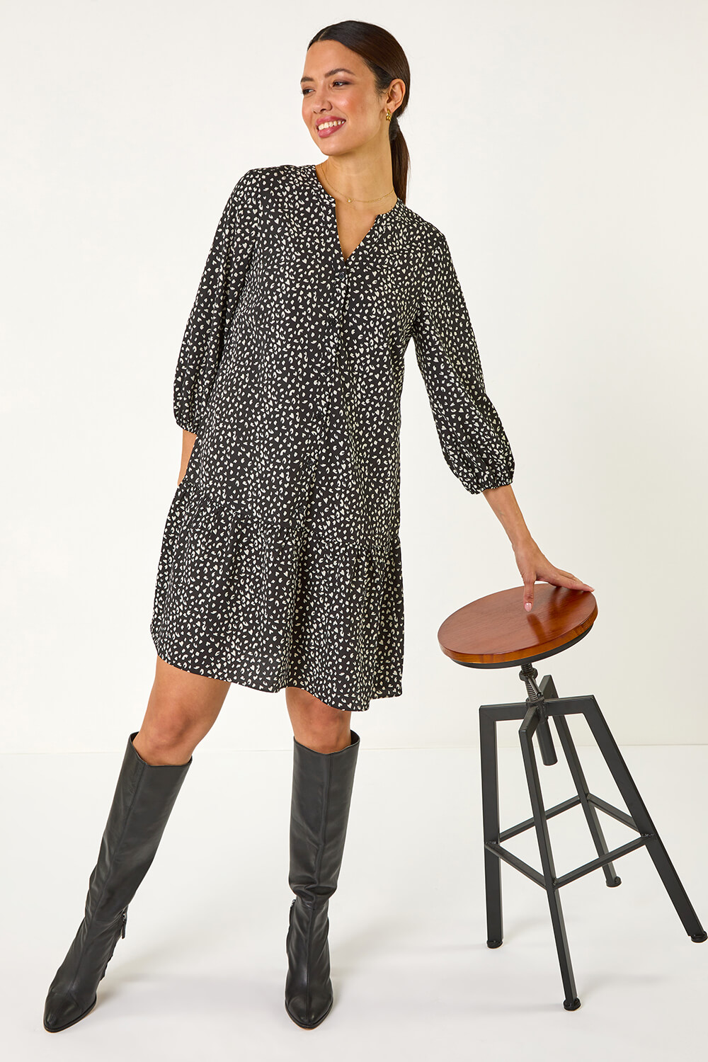 Black Abstract Spot Frill Shirt Dress