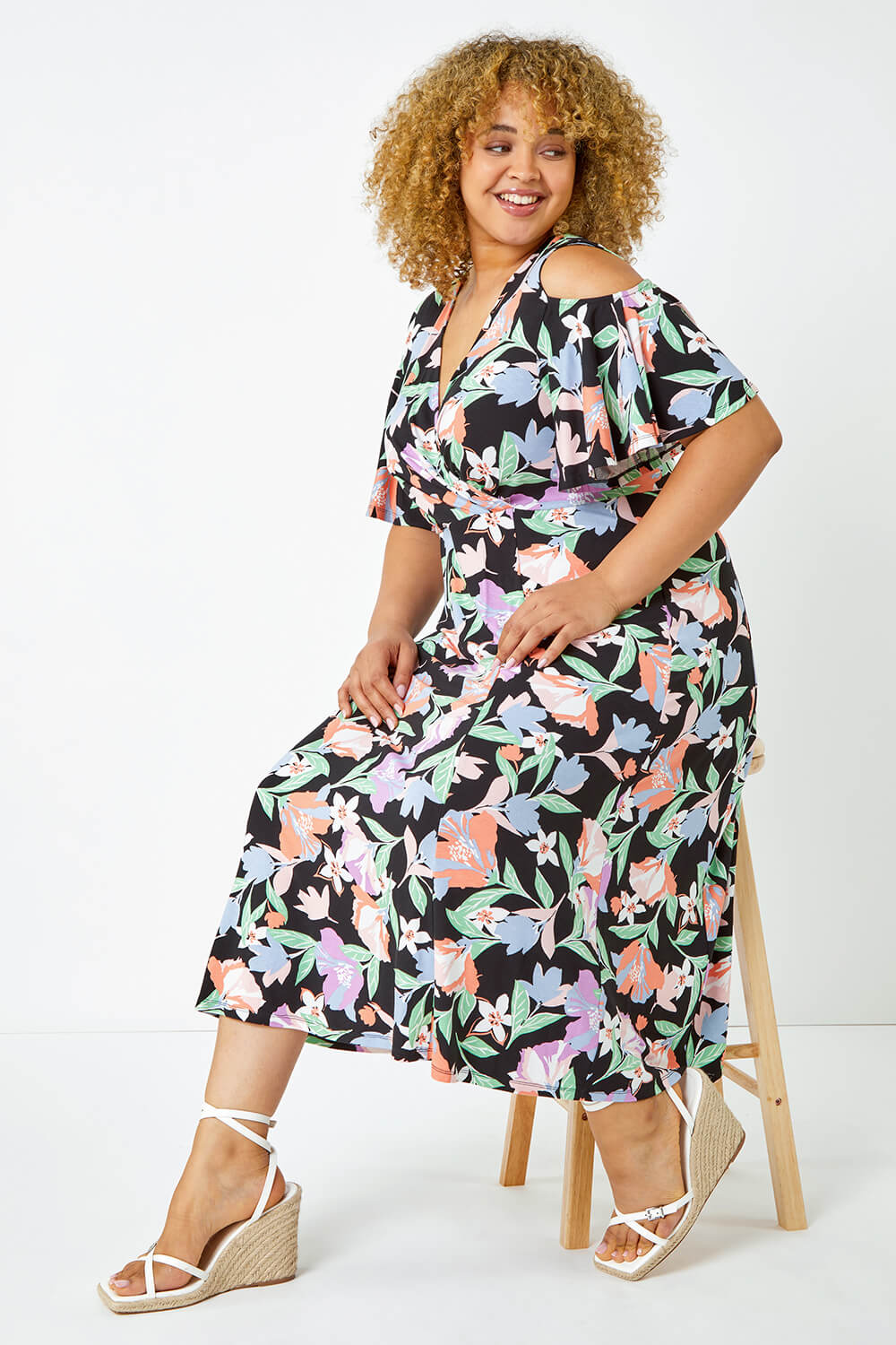 Black Curve Cold Shoulder Floral Wrap Dress