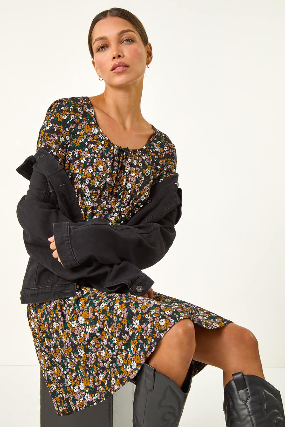 Amber Floral Print Bow Detail Stretch Dress