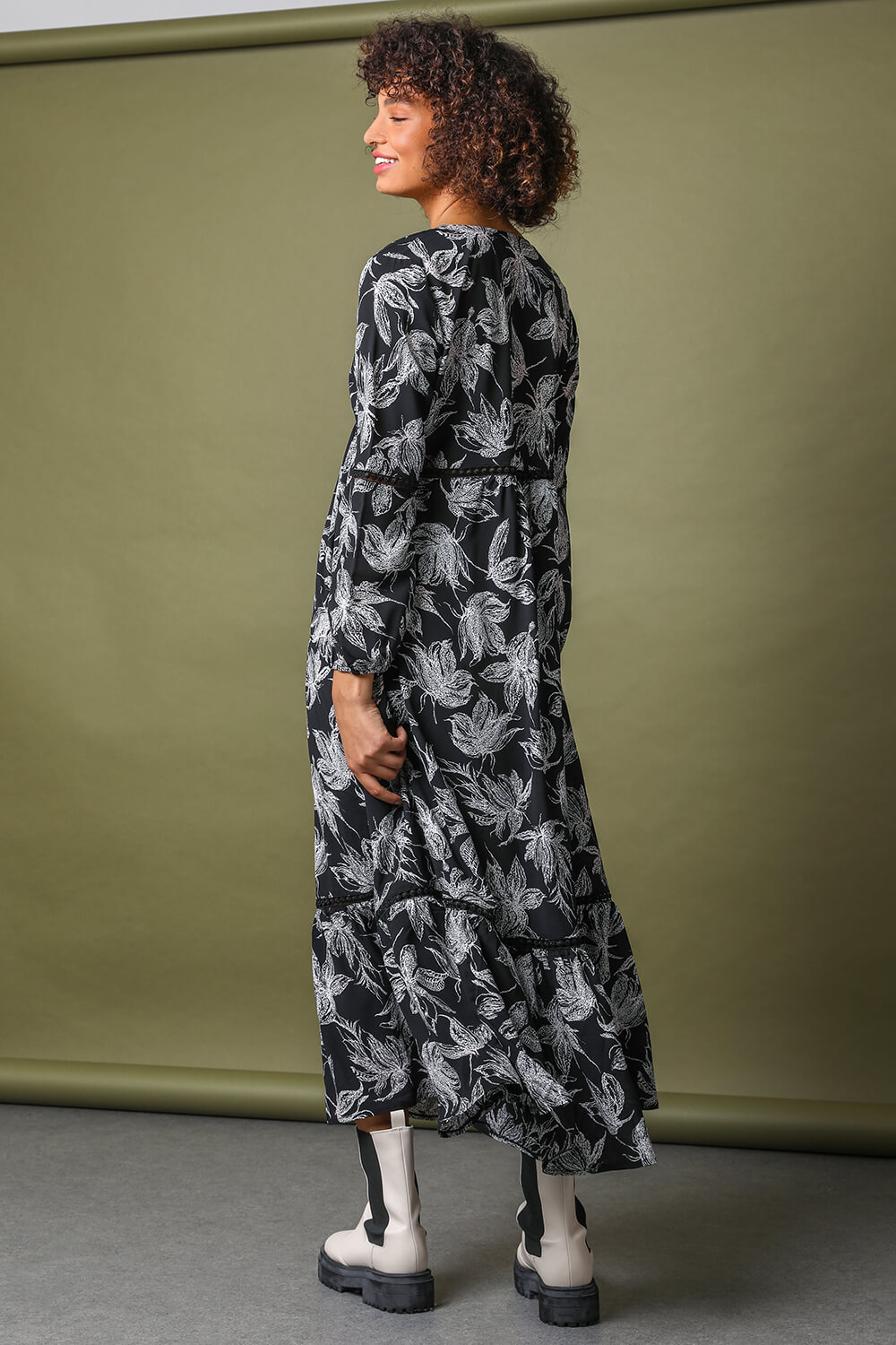 Black Floral Print Tiered Maxi Dress