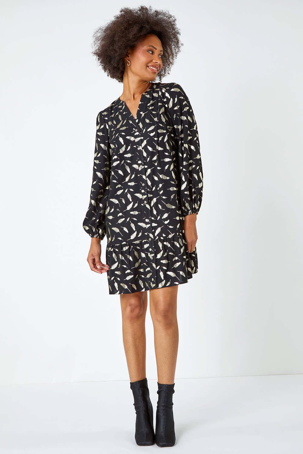 Black Metallic Feather Print Shirt Dress