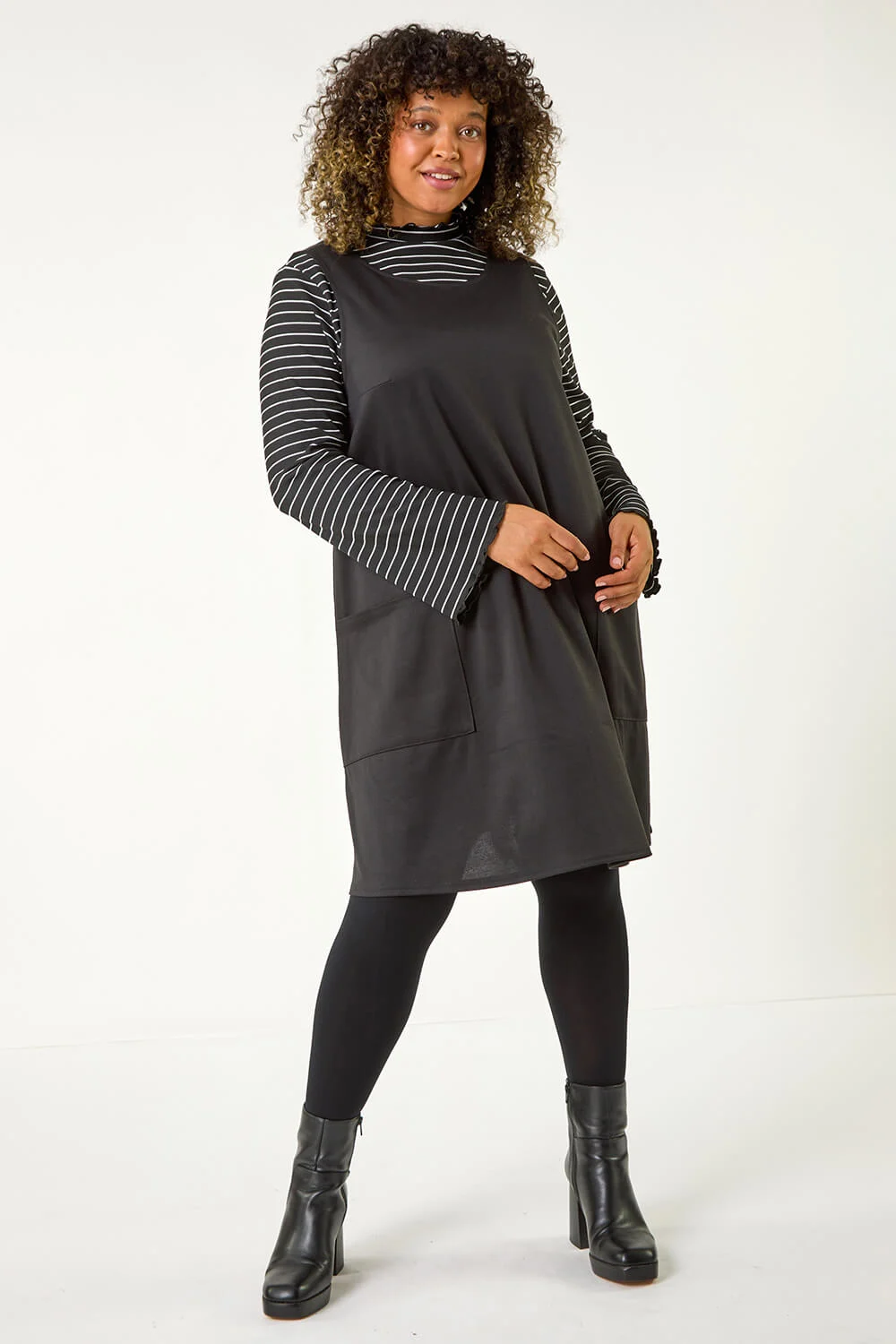 Black Curve 2 In 1 Stripe Pinafore Dress