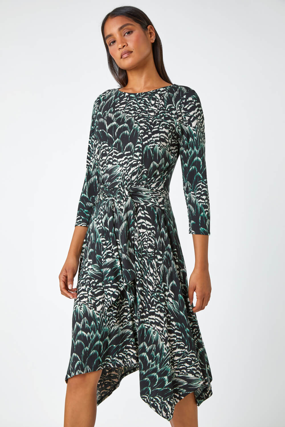 Black Abstract Print Tie Waist Stretch Dress