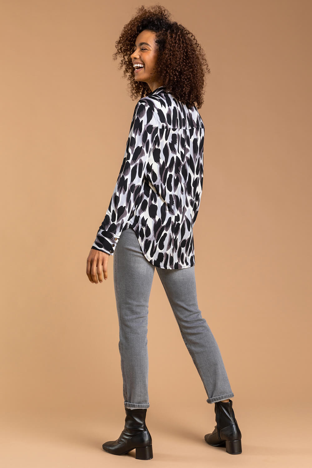 Back Animal Print Long Sleeve Collared Jersey Blouse