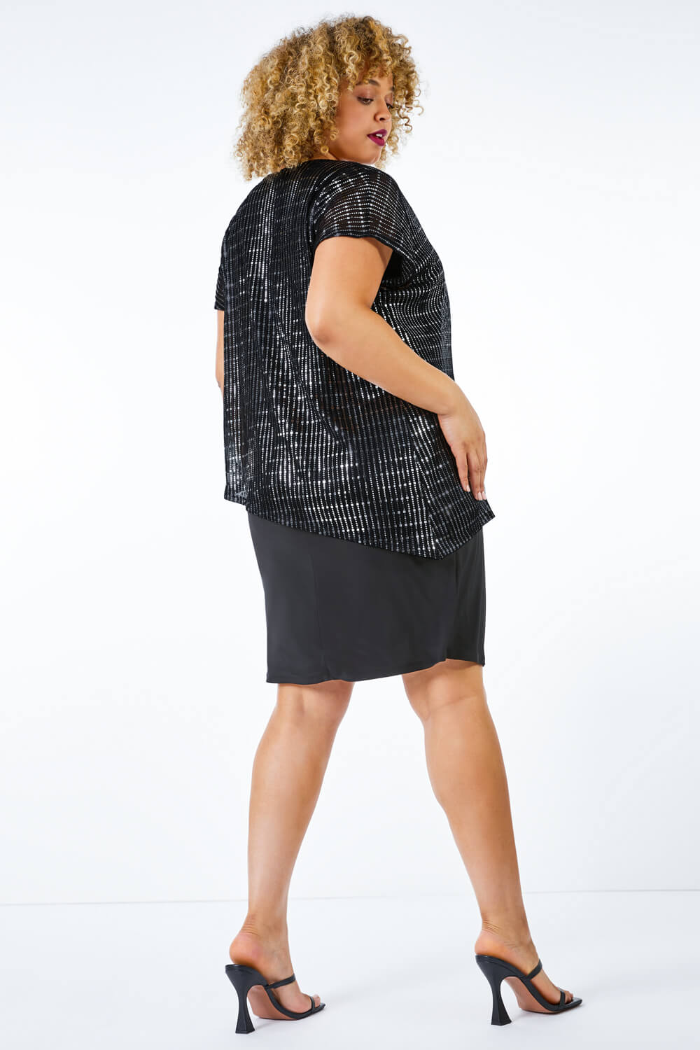 Black Curve Asymmetric Shimmer Overlay Dress