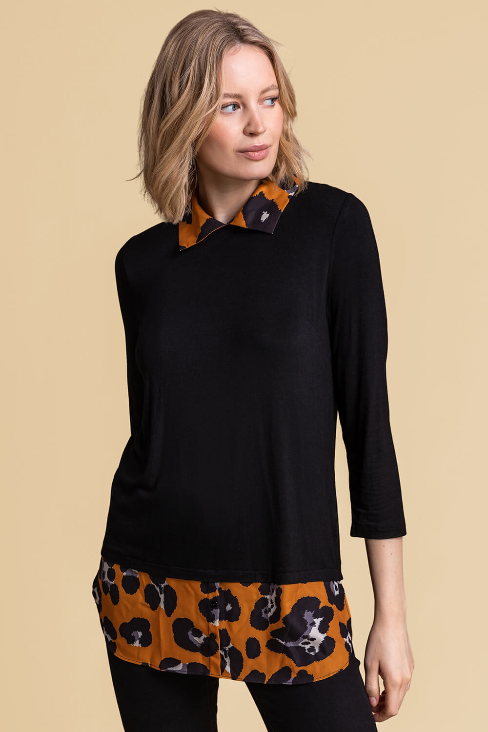 Amber Contrast Detail Animal Print 3/4 Sleeve Top