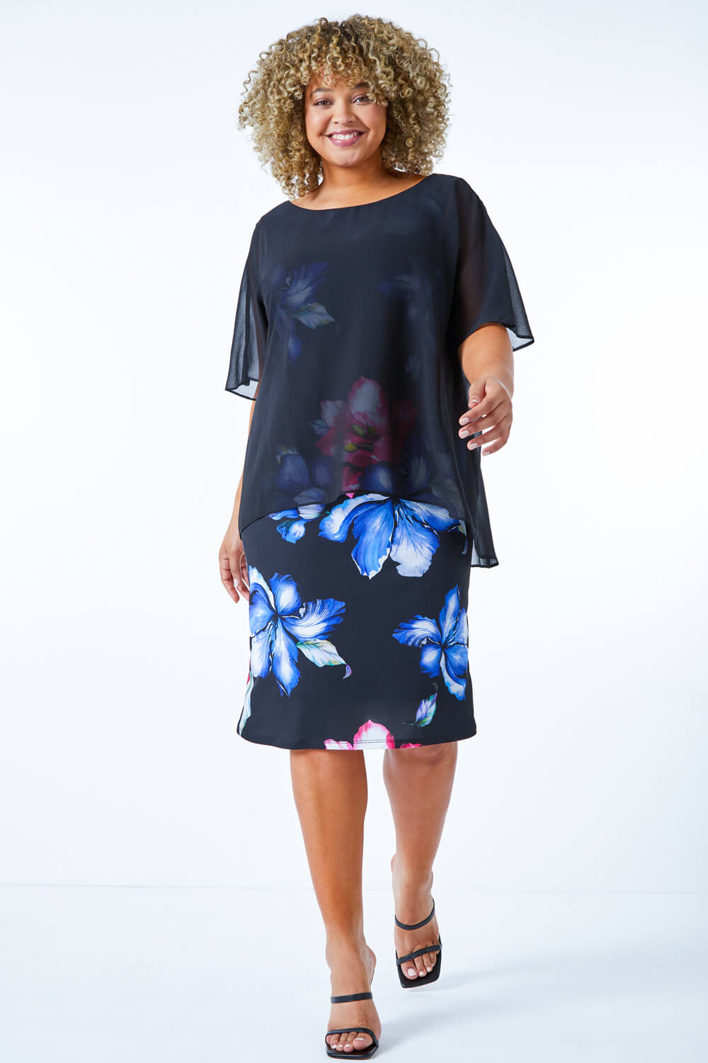Black Curve Chiffon Overlay Floral Dress