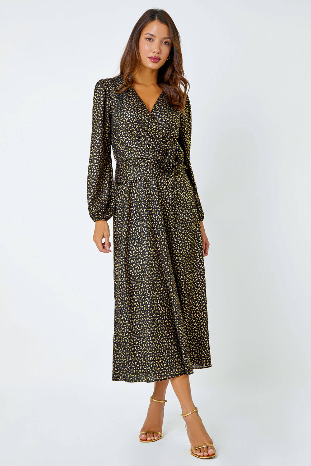 Black Metallic Star Print Corsage Midi Wrap Dress