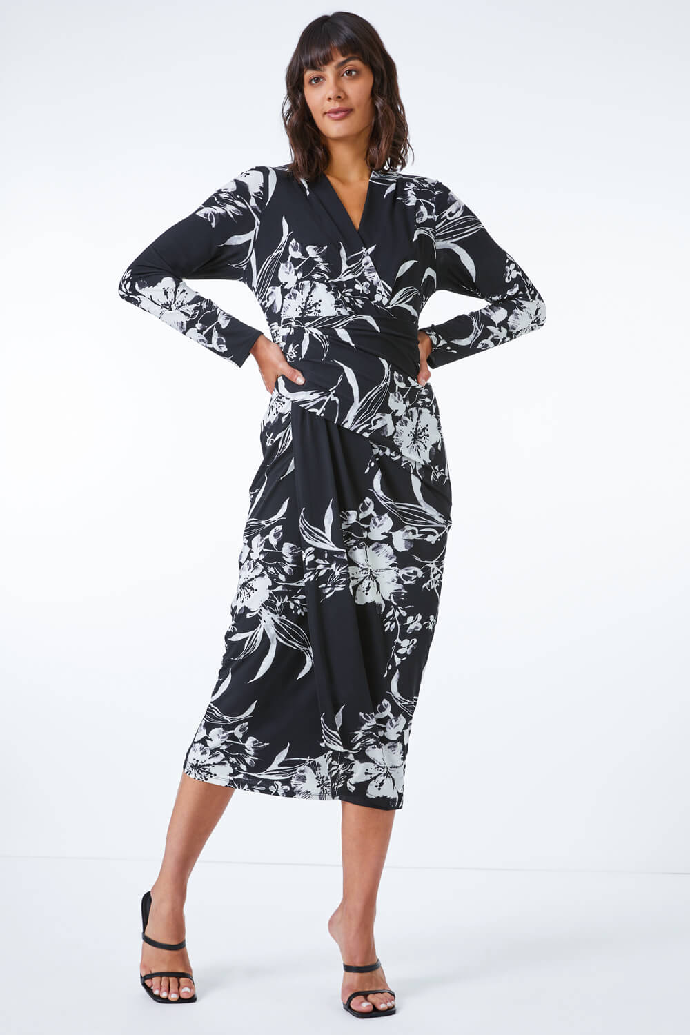Black Fitted Floral Jersey Ruched Wrap Dress