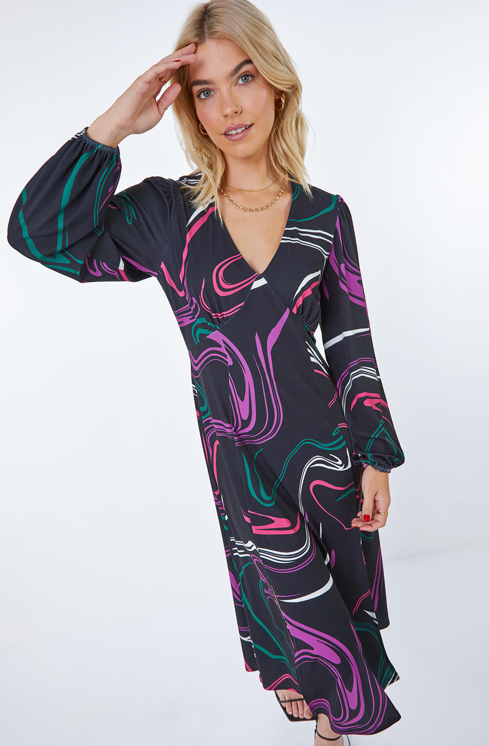 Black Abstract Swirl Print Stretch Dress