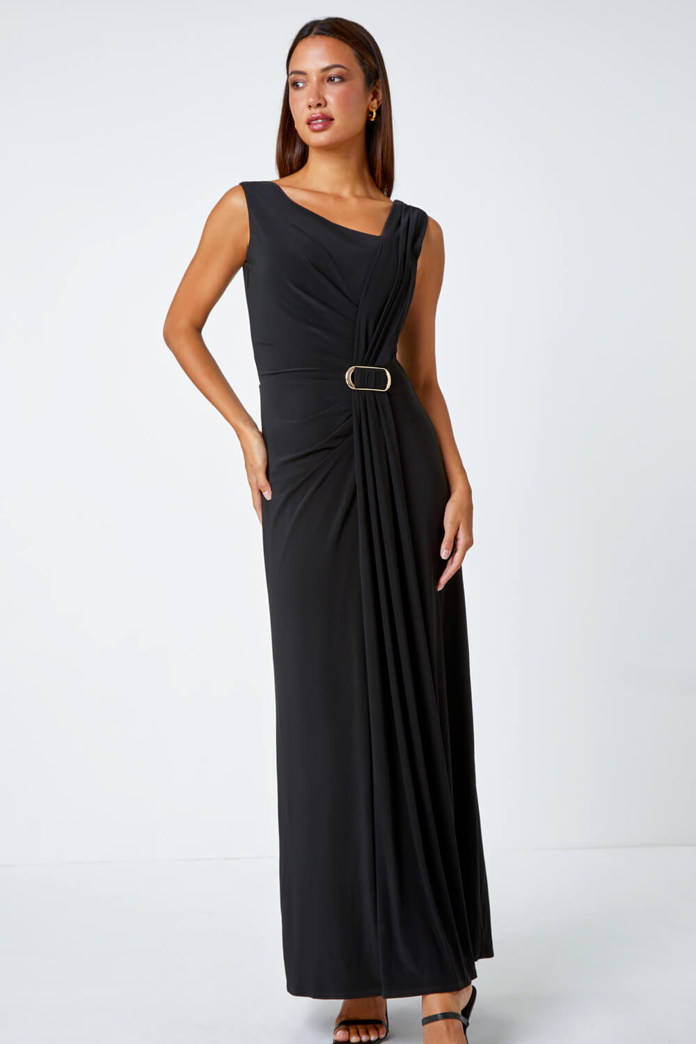 Black Draped Buckle Detail Maxi Dress