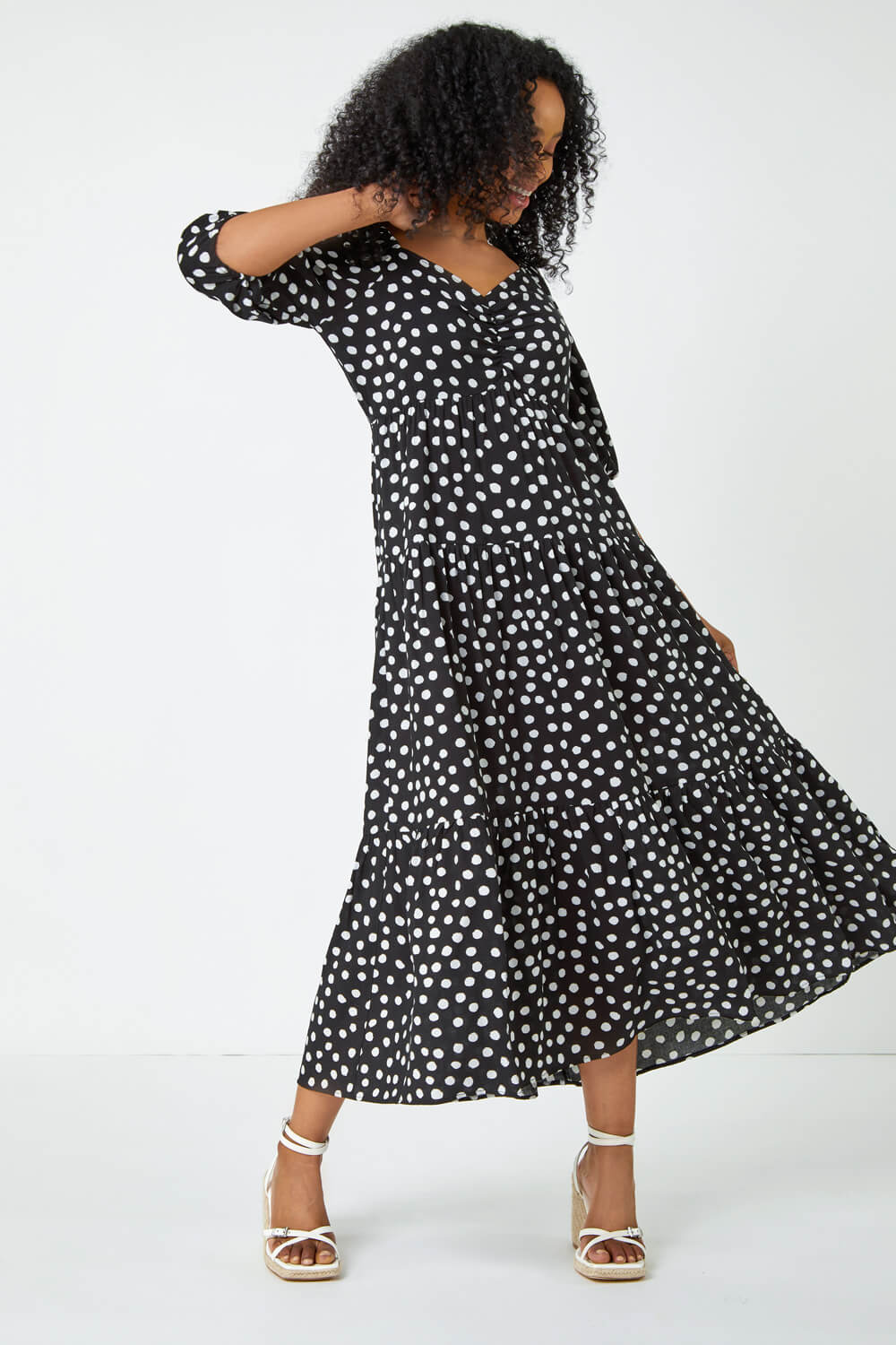 Black Petite Polka Dot Tiered Midi Dress