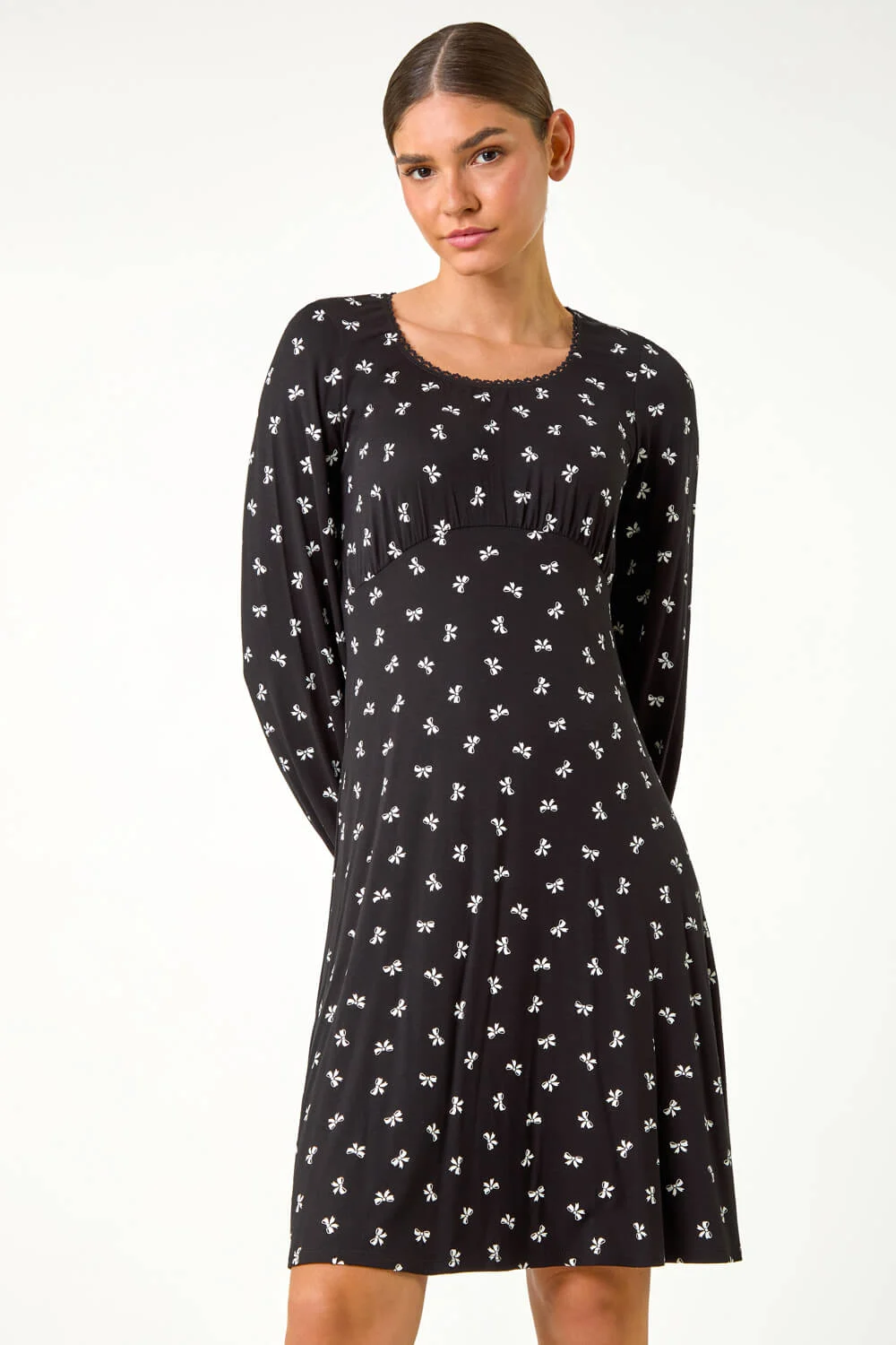Black Bow Print Lace Detail Stretch Dress
