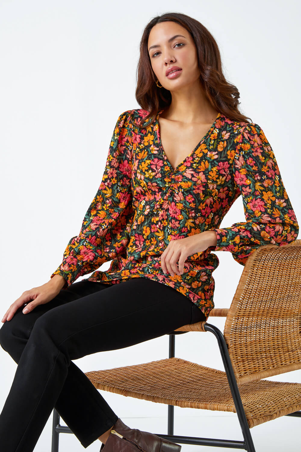 Amber Textured Floral Print Ruched Top