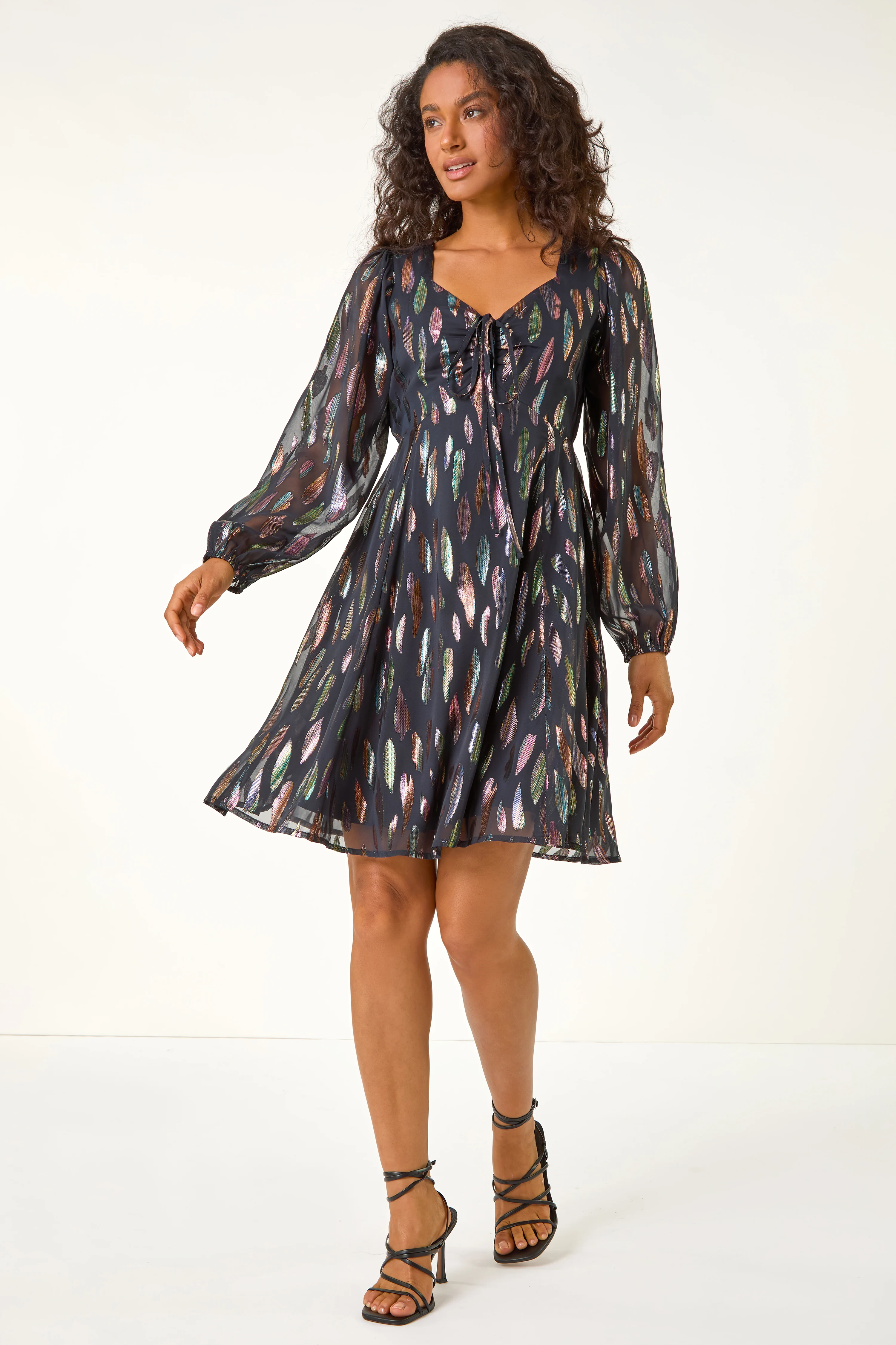 Black Foil Print Tie Front Fit & Flare Dress