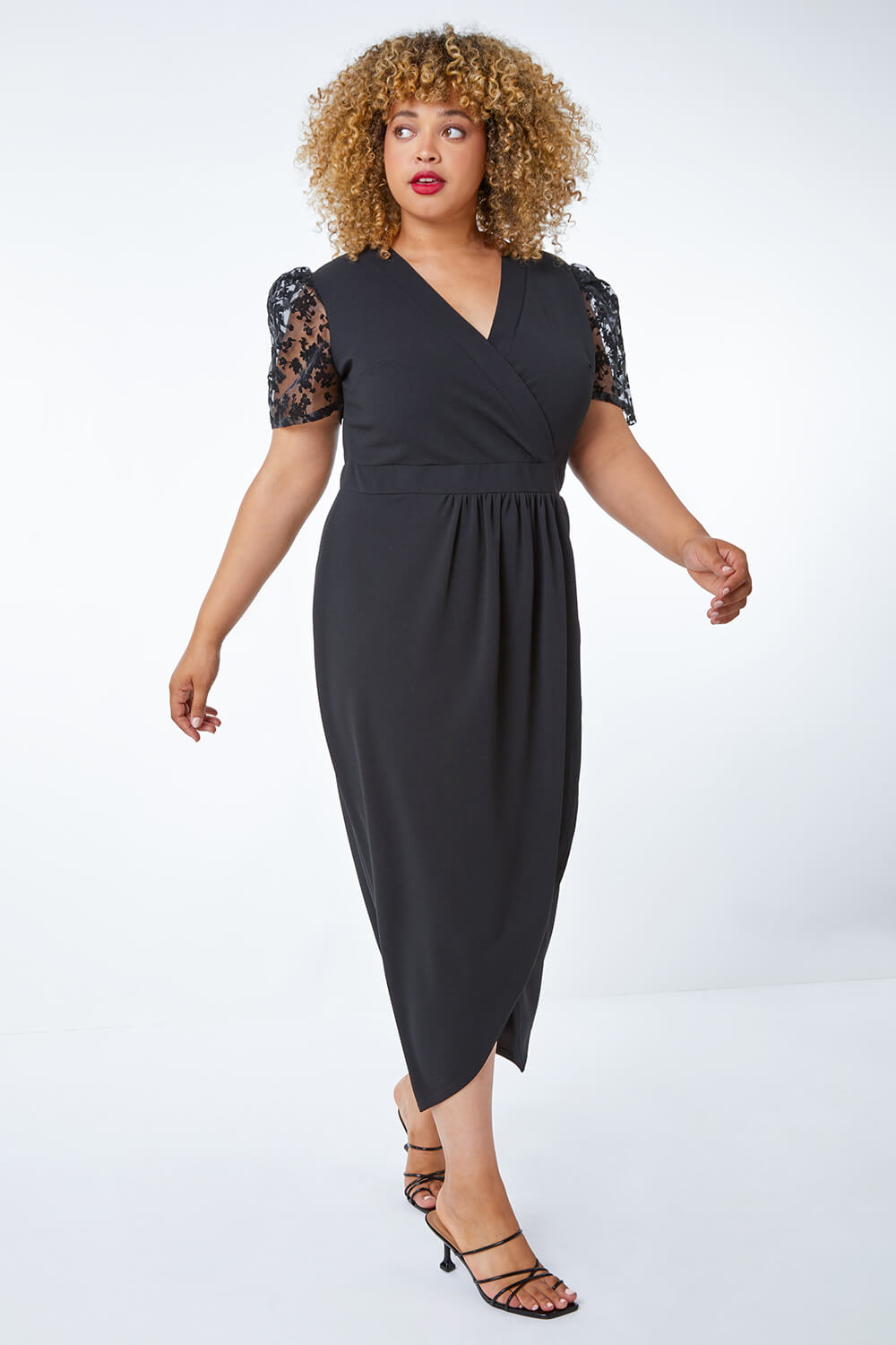 Black Curve Floral Sheer Sleeve Wrap Dress