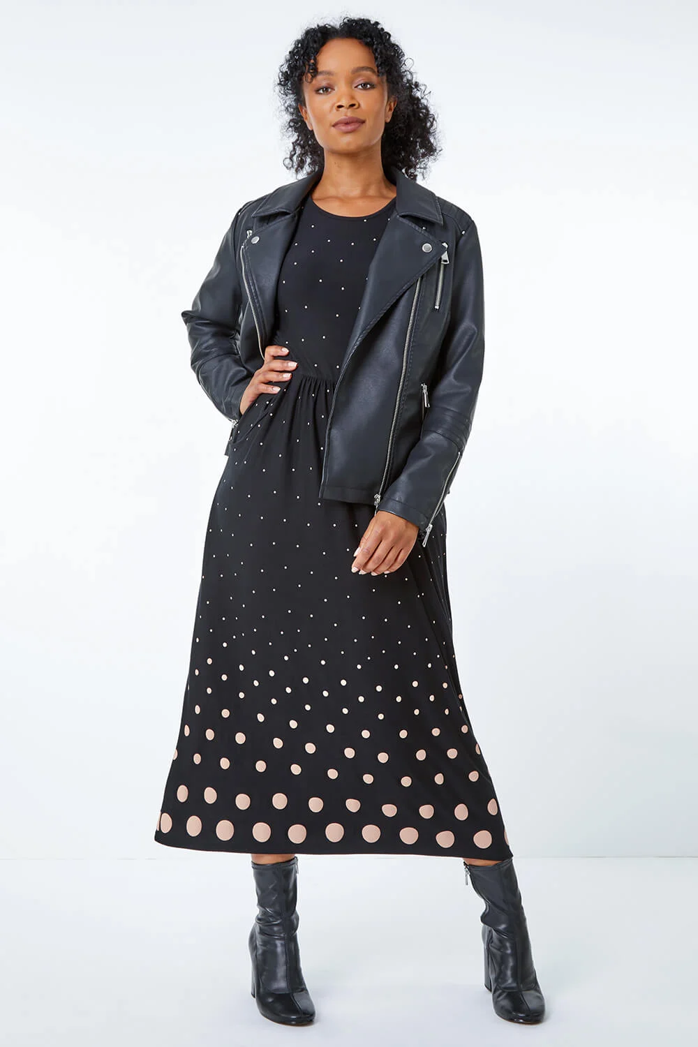 Black Petite Spot Stretch Midi Dress