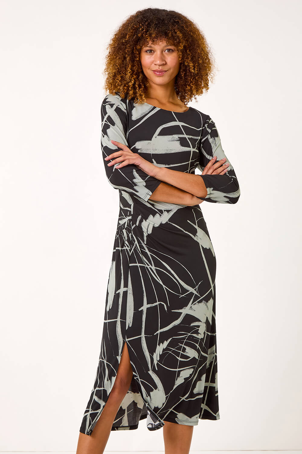Black Abstract Side Ruched Midi Dress