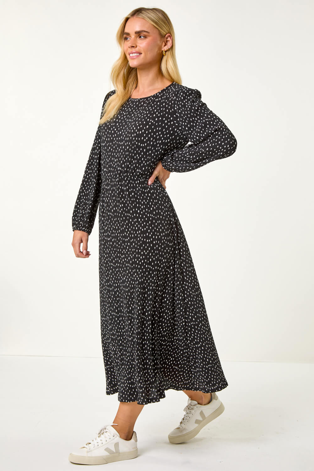 Black Petite Plisse Spot Midi Dress