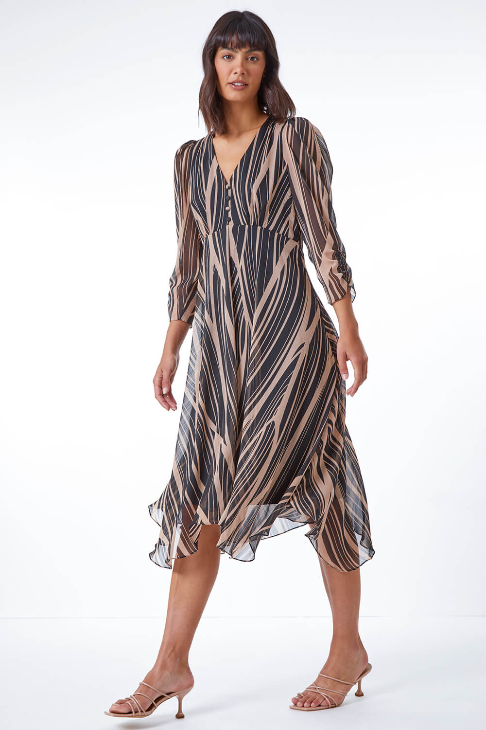 Black Abstract Chiffon Wrap Asymmetric Midi Dress