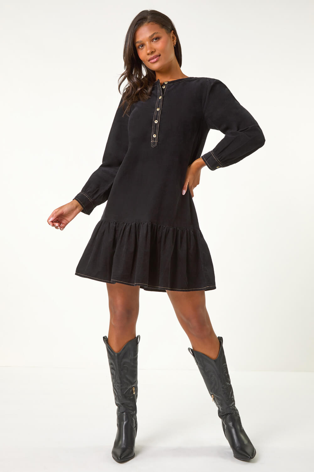 Black Corduroy Button Detail A-Line Dress