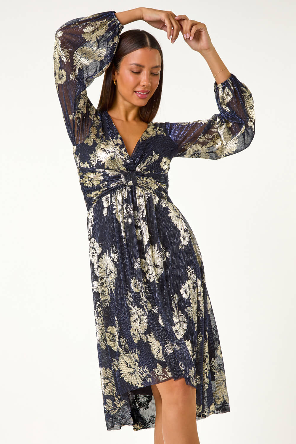 Black Foil Print Twist Front V-Neck Plisse Dresss