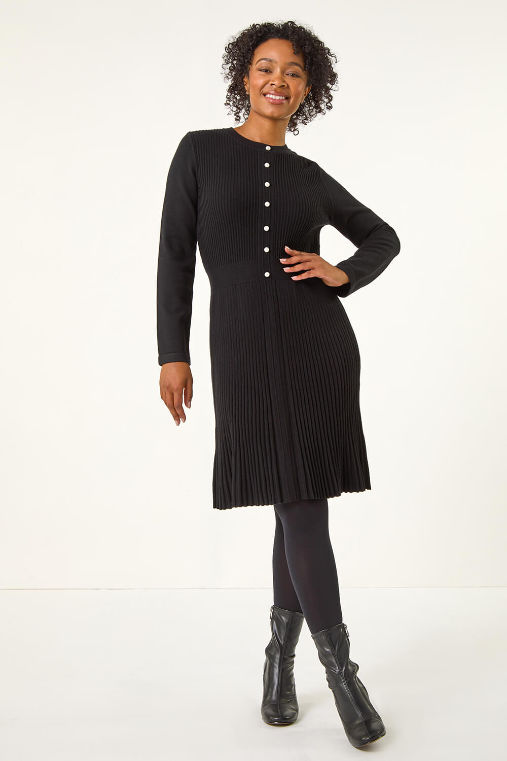 Black Petite Pearl Button Knitted Dress