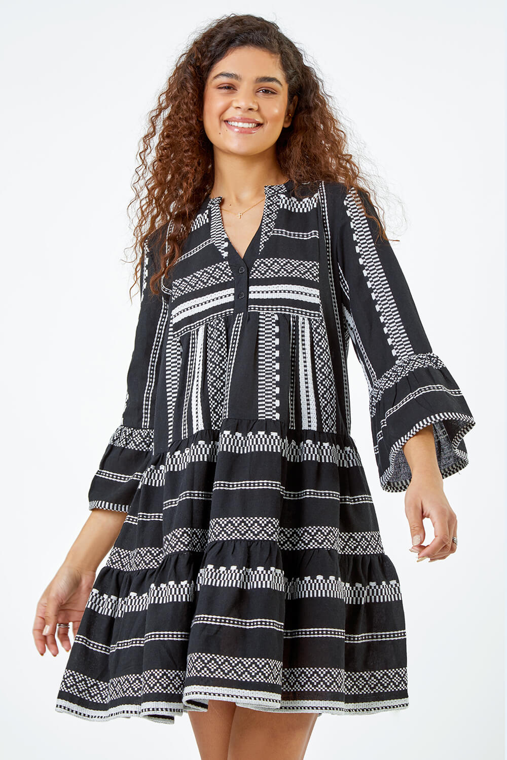 Black Aztec Print Cotton Smock Dress