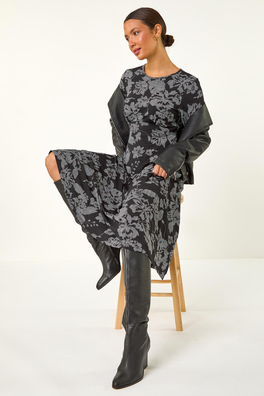 Black Floral A-Line Midi Dress