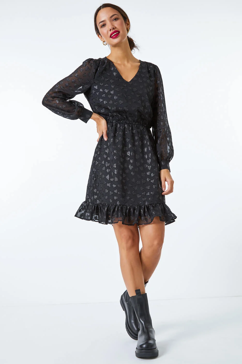 Black Heart Print Burnout Frill Dress