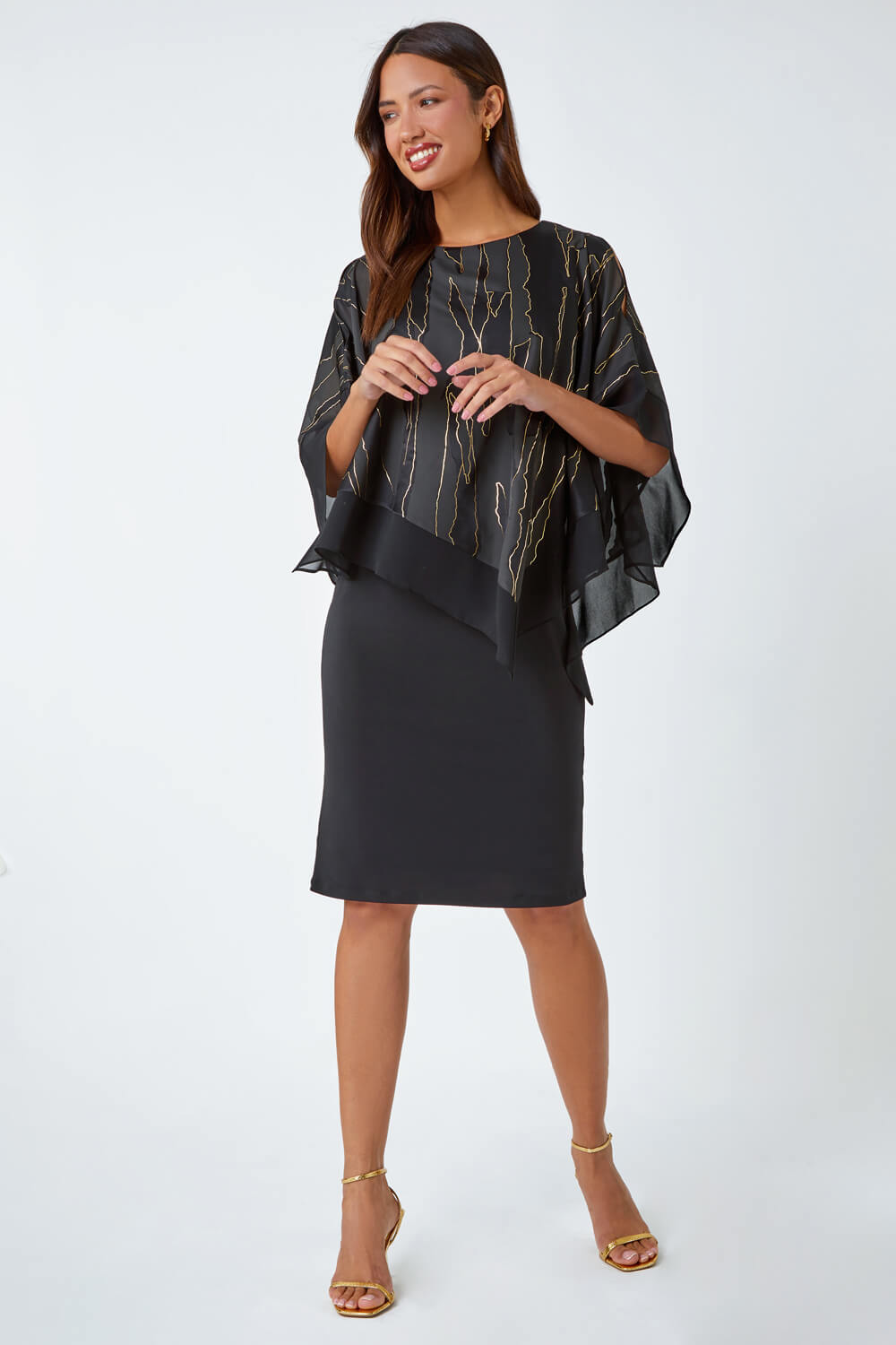 Black Metallic Print Chiffon Overlay Stretch Dress