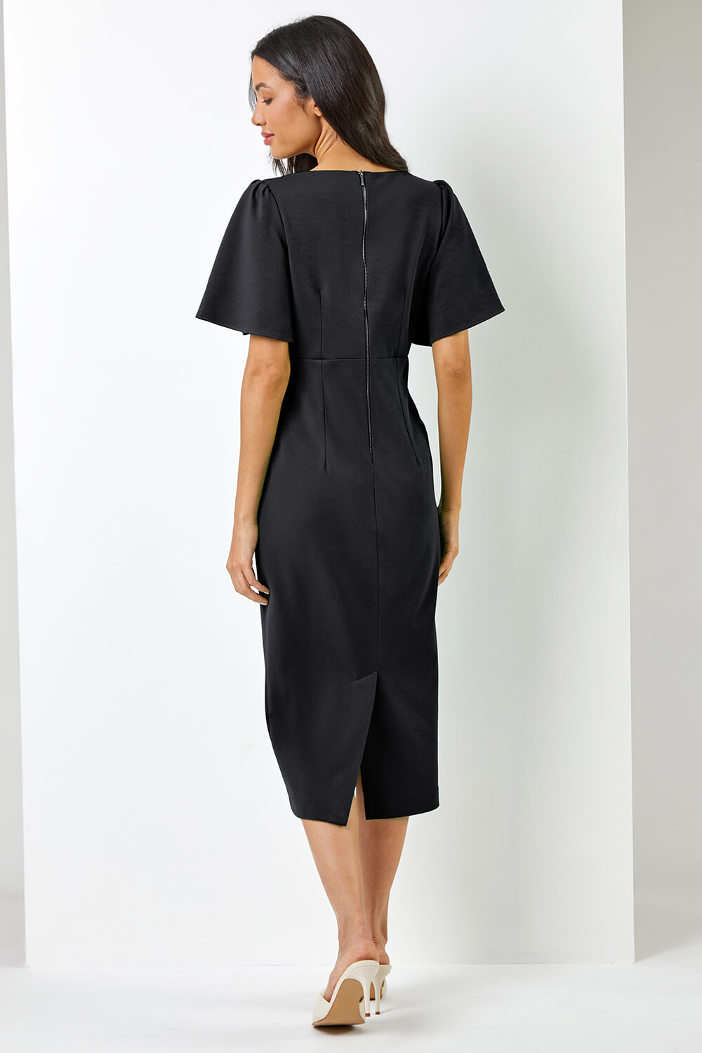 Black Gathered Wrap Front Midi Dress