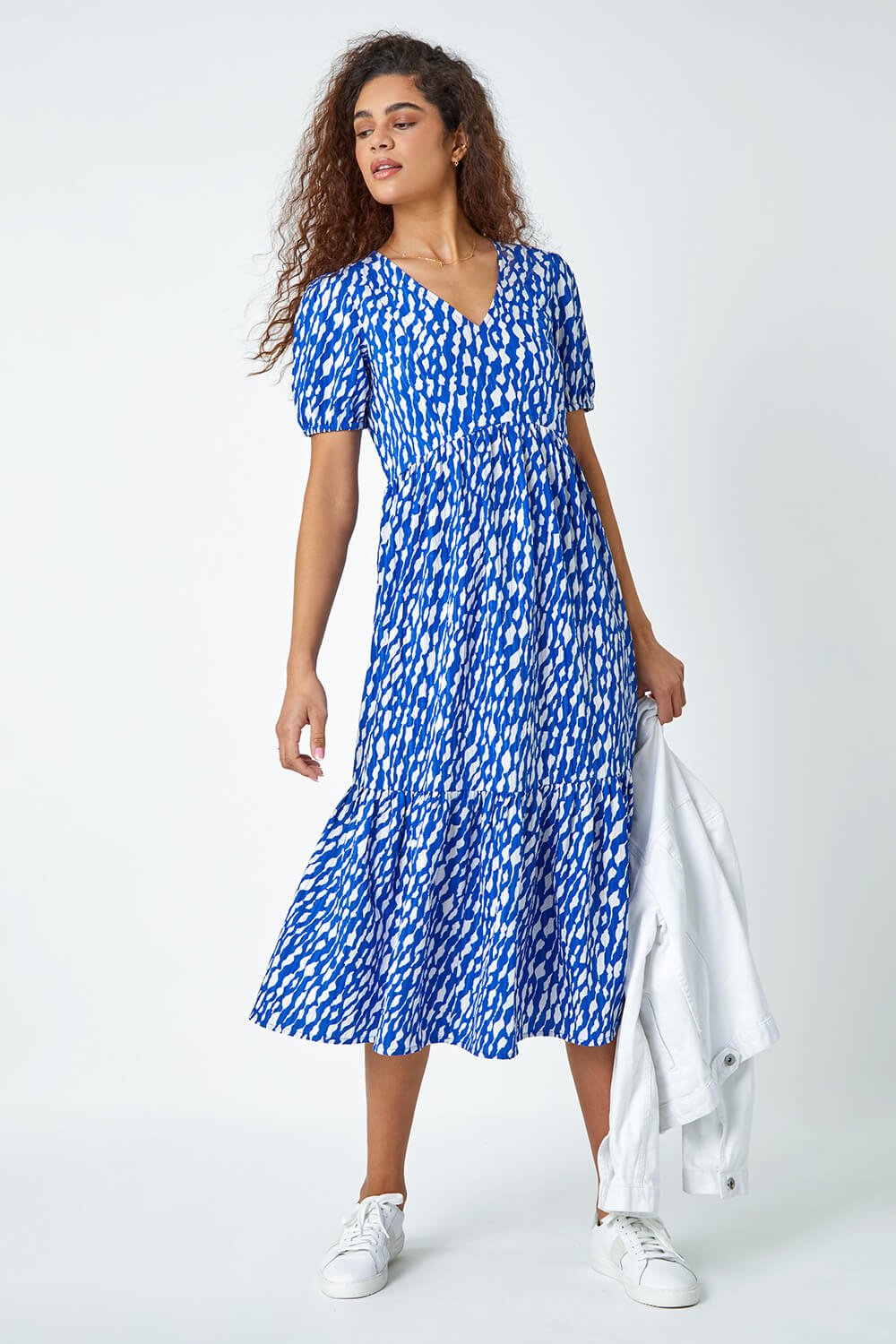 Royal Blue Abstract Frill Hem Midi Dress