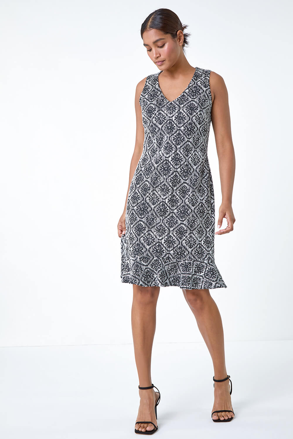 Black Geometric Print Frill Hem Dress