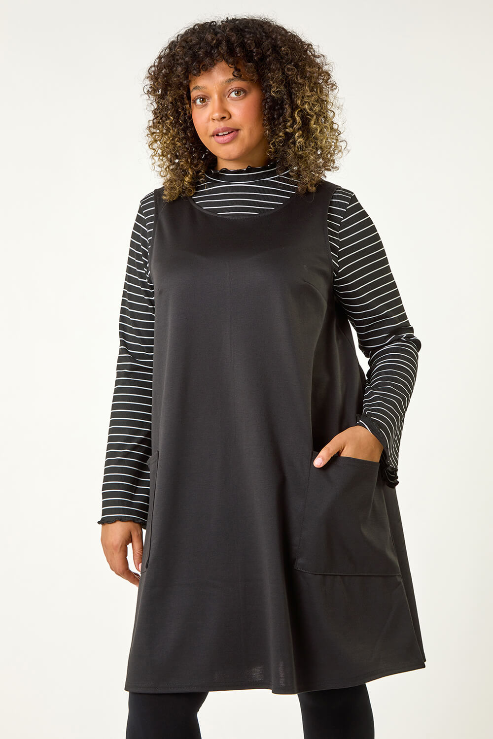 Black Curve 2 In 1 Stripe Pinafore Dress