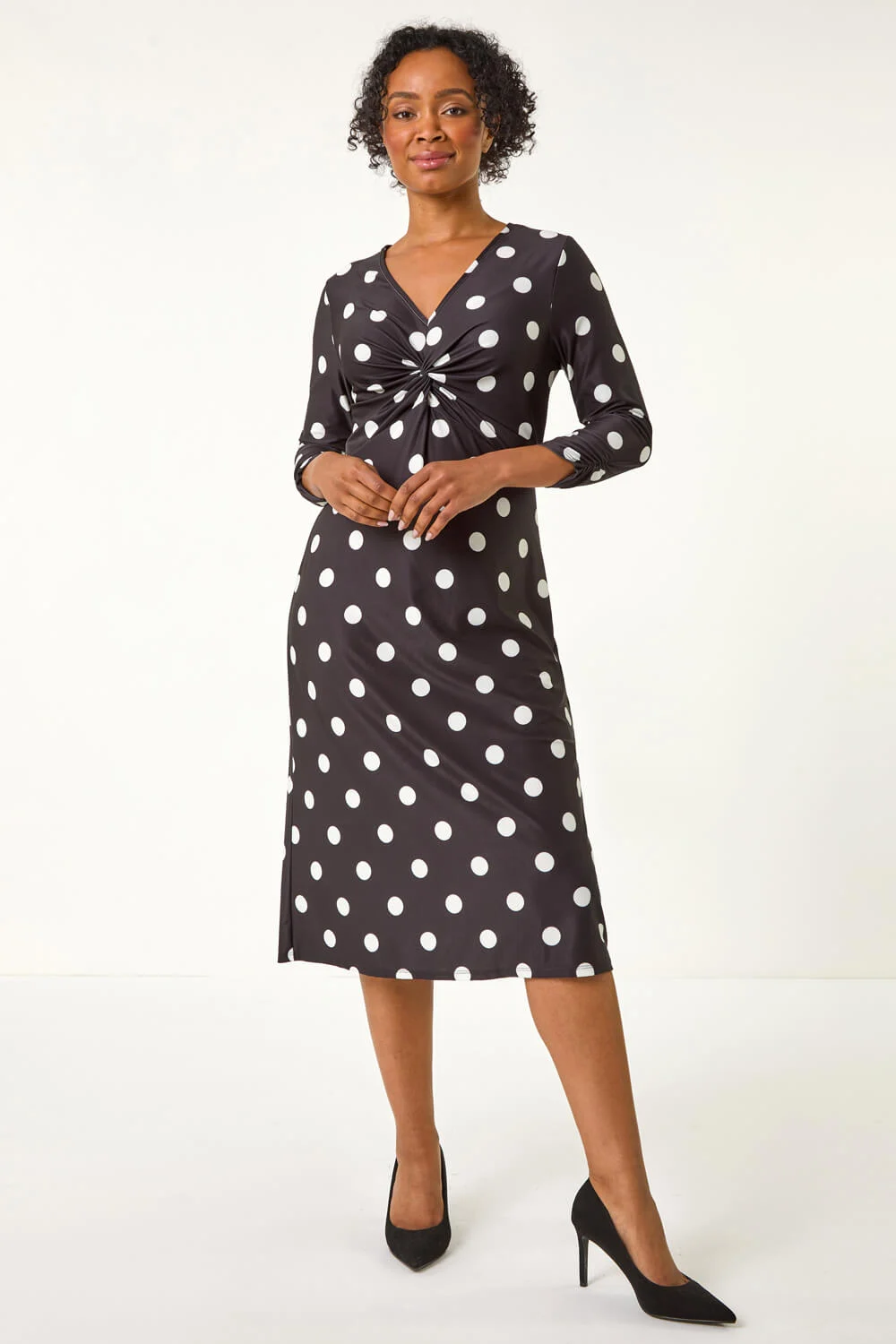 Black Petite Spot Twist Front Midi Dress