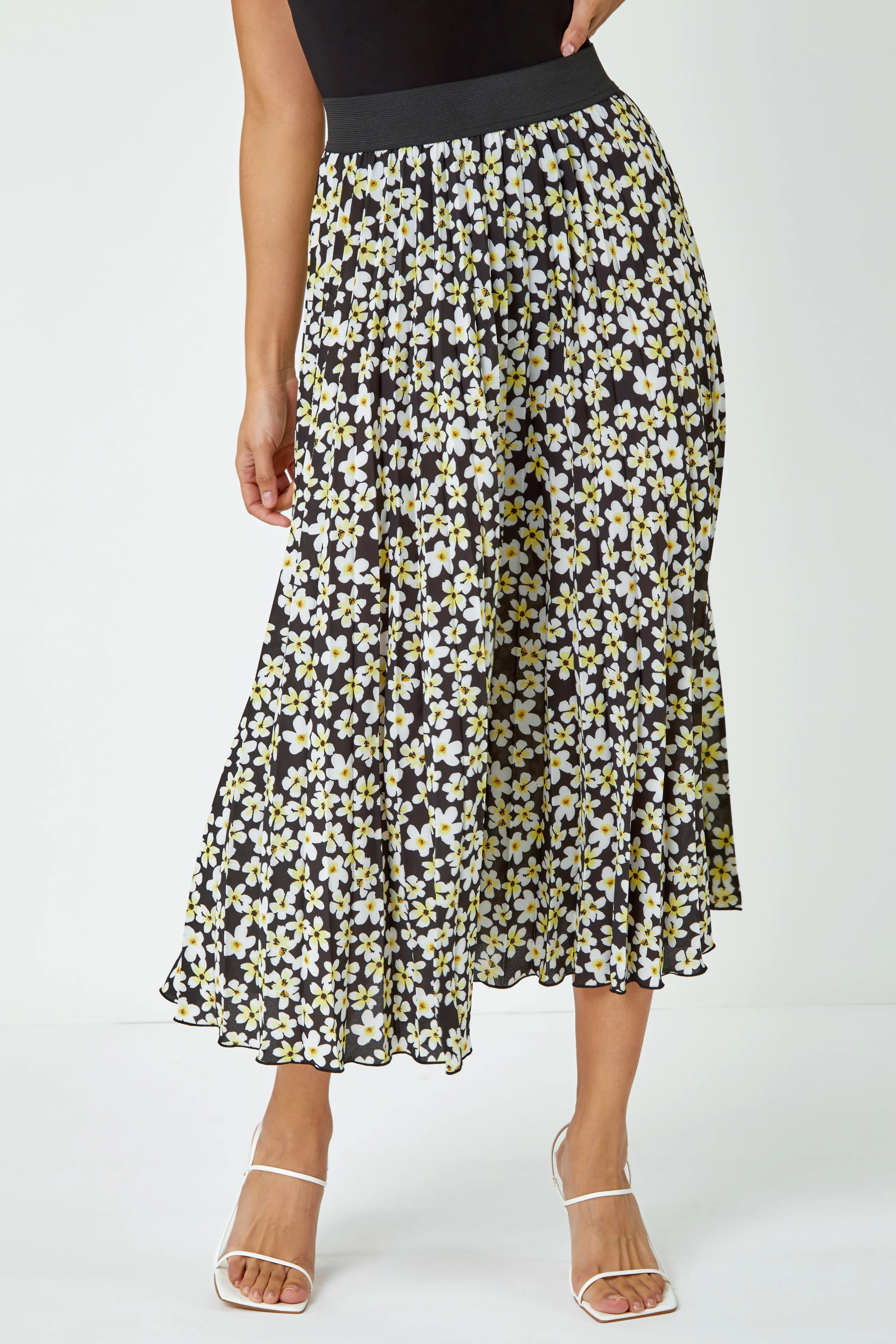 Black Daisy Floral Elastic Waist Pleated Skirt